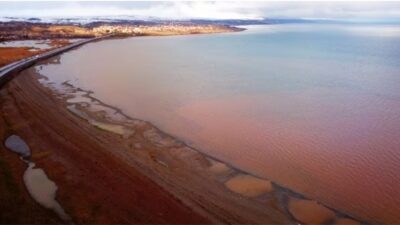 Sağanak yağış sebebiyle Van Gölü'nün sahil kesimi kahverengiye döndü.