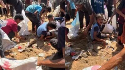 Kuşatma altında açlıkla boğuşan Gazze Şeridi'ne havadan atılan ve kumla