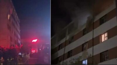 Bursa’da erkek öğrenci yurdunda çıkan yangına itfaiye ekiplerinin müdahale ettiği