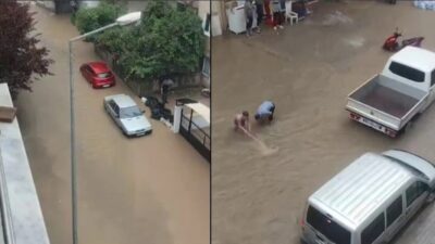Bursa’nın Kestel ilçesinde etkili olan sağanak yağış nedeniyle bazı cadde