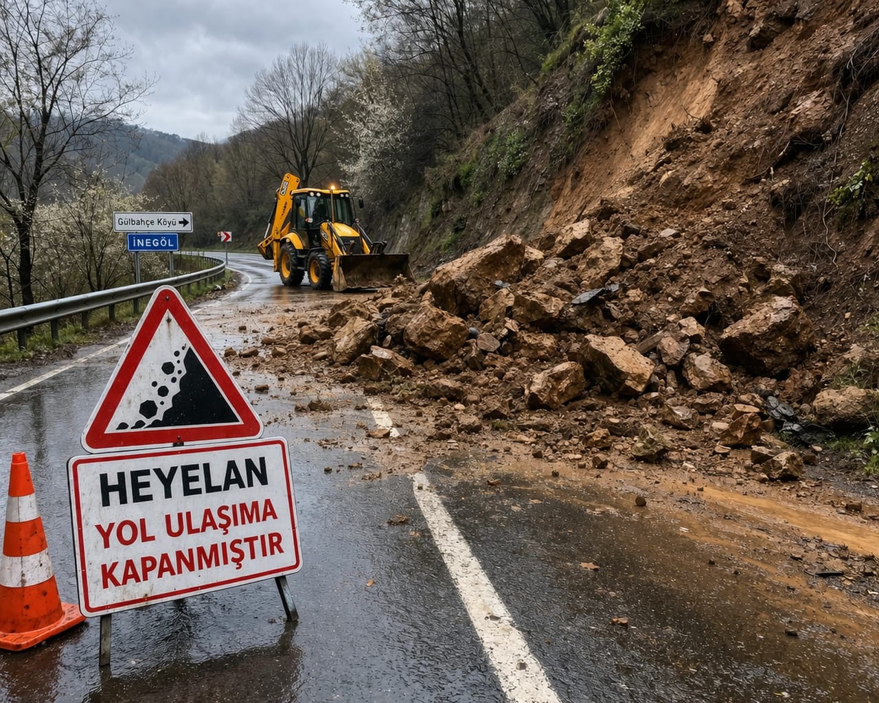 İnegöl’e bağlı Gülbahçe Köyü’nde meydana gelen heyelan sonrası yol trafiğe