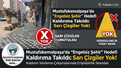 Mustafakemalpaşa’da yeni yapılan kaldırımlarda görme engelliler için hayati önem taşıyan