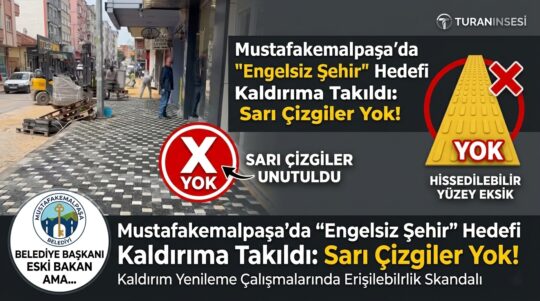 Mustafakemalpaşa’da yeni yapılan kaldırımlarda görme engelliler için hayati önem taşıyan