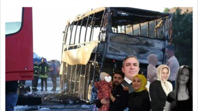 Denizli-Aydın Otoyolu Sarayköy ilçesinde yolcu otobüsünün bariyerlere çarparak alev alması