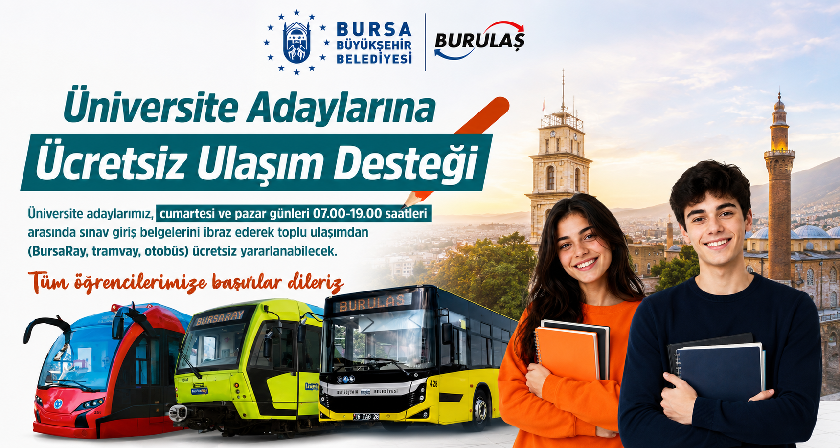 Bursa Büyükşehir Belediyesi, 20-21 Haziran’da YKS’ye girecek adayların sınav merkezlerine