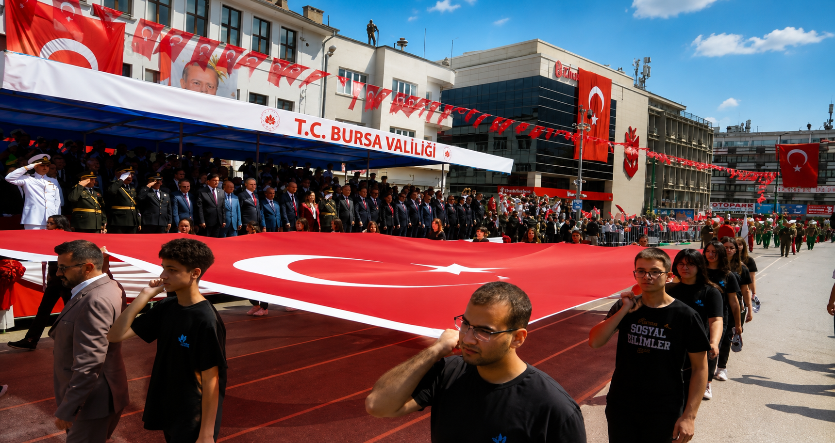 Bursa’da düzenlenen 30 Ağustos Zafer Bayramı törenlerinde Türk bayraklarıyla alanları