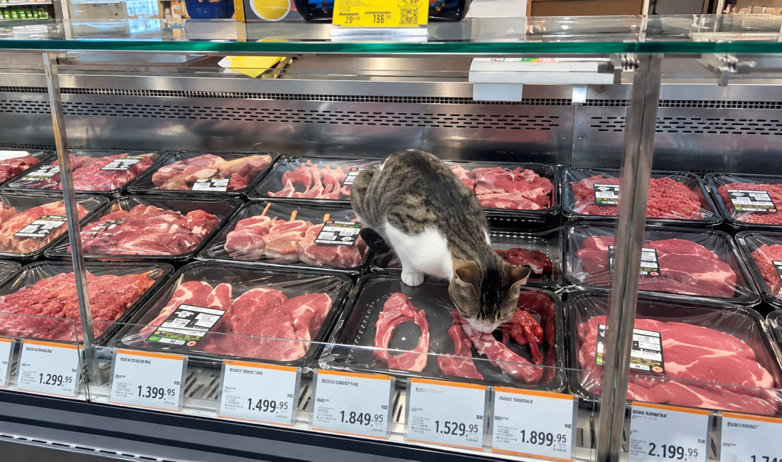 Bursa’nın Mudanya ilçesi Bademli Mahallesi’ndeki Migros mağazasında bir kedinin kasap